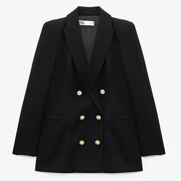 Zara Black Tailored Strong Shoulder Blazer with Gold Buttons - Picture 3 of 16